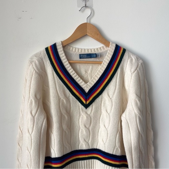 Polo Ralph Lauren Wool Cashmere Cricket Sweater Size L Tennis Chunky Cable Knit - Picture 4 of 11